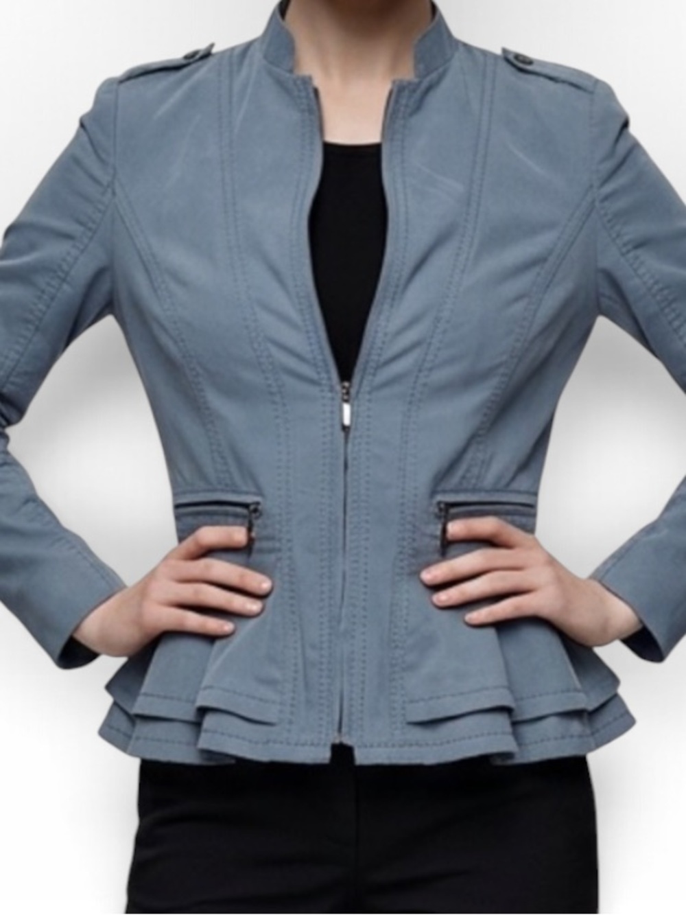 White House Black Market Dusty Blue Tailored Peplum Zip-Front Jacket 4